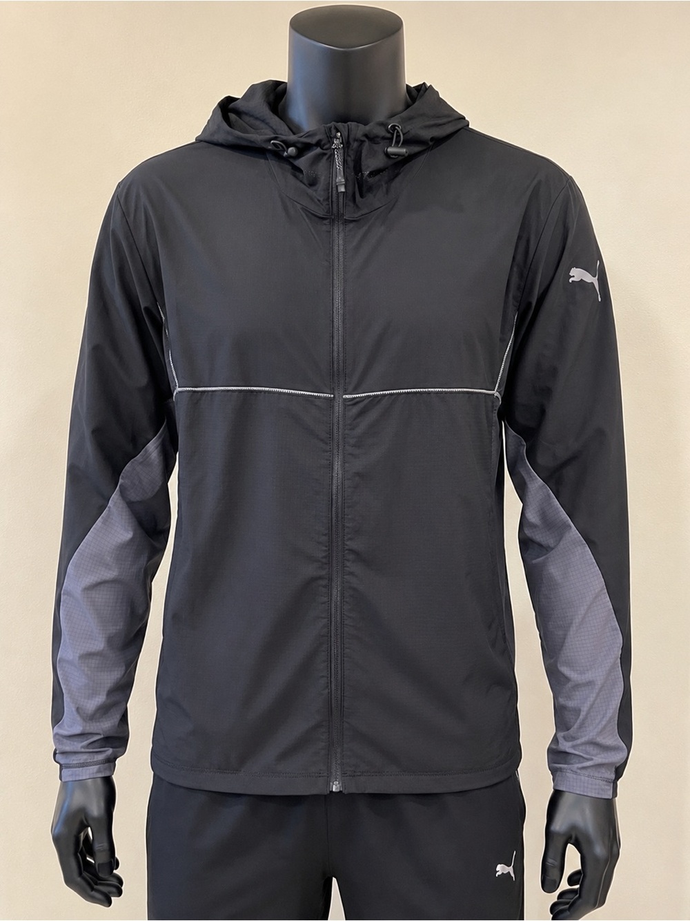 Puma Black Hooded Windbreaker with Gray Sleeve Panels